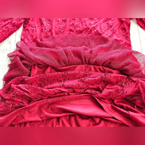 Indigo Soul Burgundy Wine Lace Sequin Flowy Tiered Layered Ruffle Longsleeve Top - Picture 11 of 14